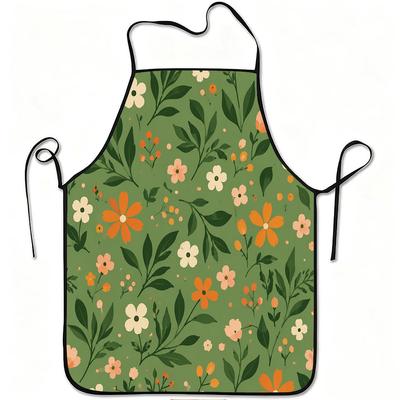 1pc Green Floral Pattern Print Apron, Durable and Easy To Clean, Adjustable Waistband, Polyester Material, for Kitchen Cooking, Gardening, Orchard Pic