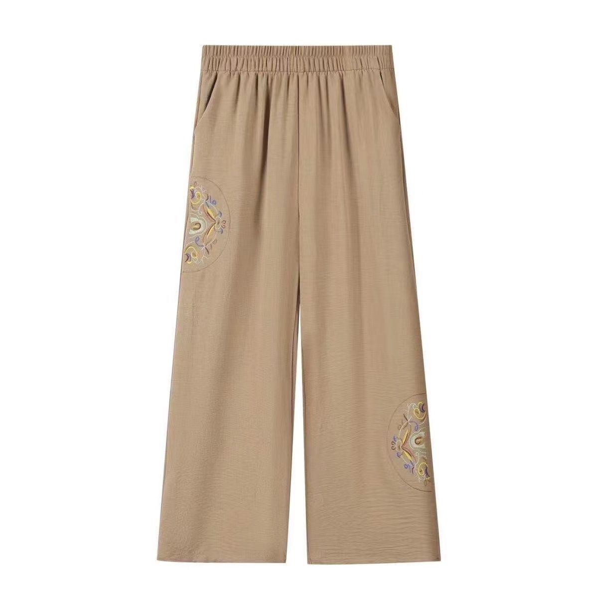 

Summer Cotton Linen Embroidered Wide-Leg Pants for Middle-Aged Women 2XL - Recommended for 90-110 jin