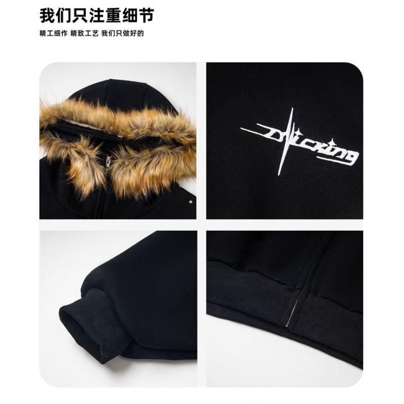Unisex Oversized Hooded Zip-Up Sweatshirt With Faux Fur Trim Casual Winter Streetwear Top