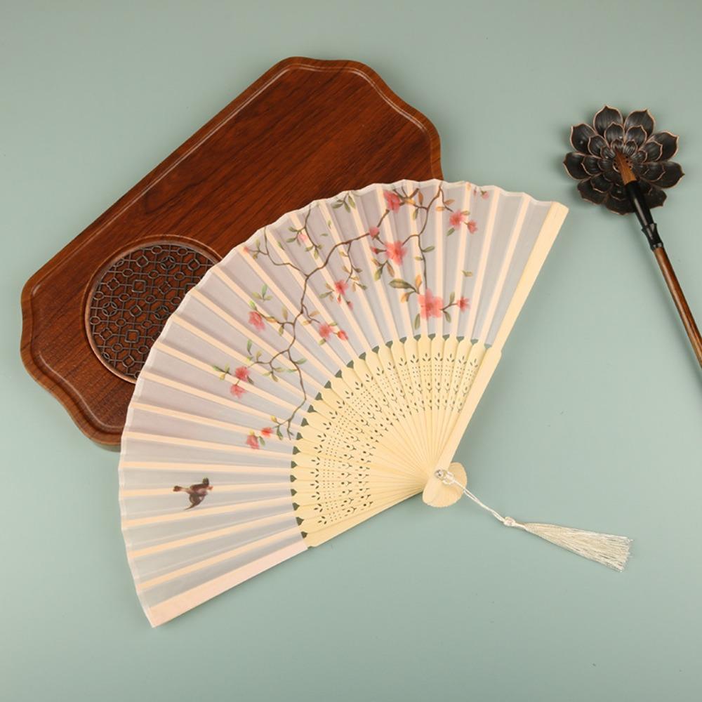Silk Material Vintage Silk Folding Fan Bamboo Frame Dance Fan Elegant Hand Fan  Dance Performance B
