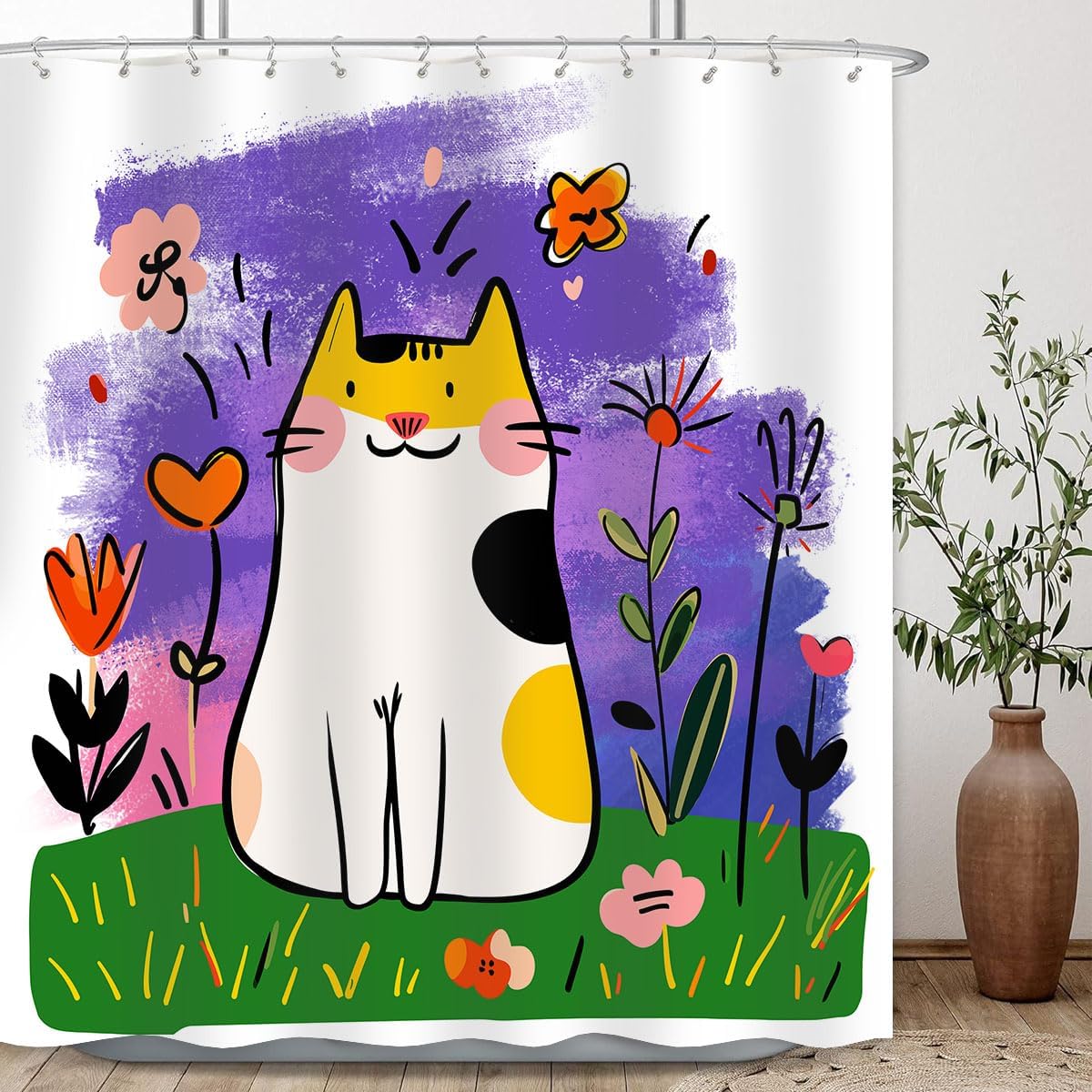 

Cute Cat Shower Curtain Kawaii Girls Kids Cartoon Animal Design Playful Artistic Pink Bathroom Decor With Hooks W60H190(CM)-1 Pcs