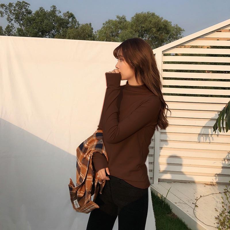 2023 Korean Style Women's Slim Fit Half-High Collar Long-Sleeve Solid Color T-Shirt for Early Autumn