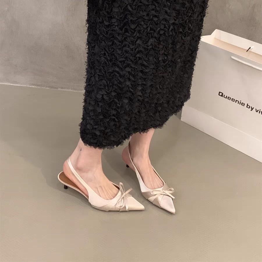 Stiletto High Heels Bag Head Sandals 2025 Summer New Temperament Socialite Bow Pointed Low Heel Single Shoes