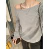 Spring Autumn Sloping Shoulders Solid Color T-shirt Women Long Sleeve Casual Fashion All-match Pullover Tee Top