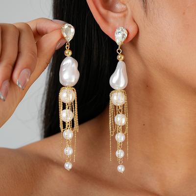 Diamond-encrusted Imitation Pearl Irregular Geometric Fringed Silver Needle Earrings Retro Niche Earrings