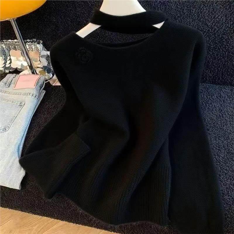 3D Floral Halterneck Sweater - Women's Autumn/Winter 2026 Collection: French Style, Loose Knitwear