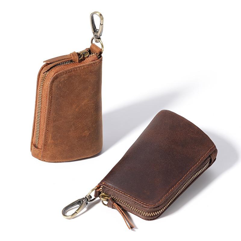Carabiner-Attachable Crazy Horse Leather Key Pouch, Vintage Bucket Zipper Key Holder, Bag-Mountable Key Organizer Wallet Unisex