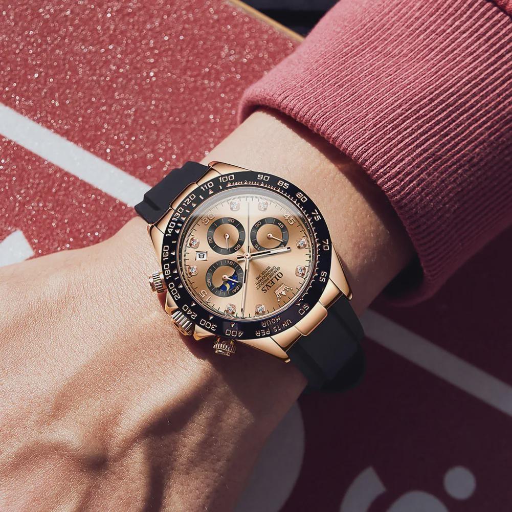 OLEVS Originale Uhr für Herren, Mondphase, Chronograph, Kalender, analoges Silikonarmband, Armbanduhr, Business-Quarzuhren