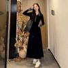 Black splicing Polo neck knitted dress women's autumn and winter long-sleeved waist skirt retro temperament a-word long dress