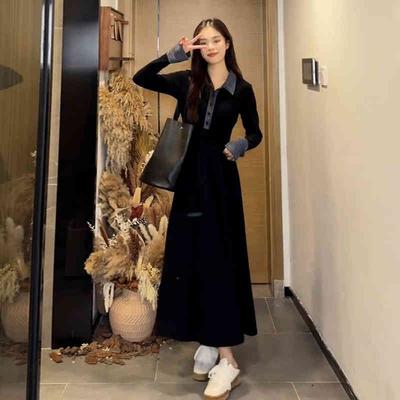 Black Splicing Polo Neck Knitted Dress Women's Autumn and Winter Long-sleeved Waist Skirt Retro Temperament A-word Long Dress