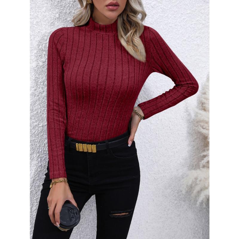 Solid Color Faux Neck Ribbed T-Shirt, Elegant Long Sleeve Slim Fit Hundred Tops for Women