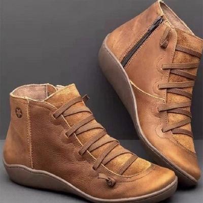 European and American Foreign Trade Round Head Short Tube Lace-up Leather Boots Women's Cross-border Retro Side Zipper Flat Bottom Martin Boots