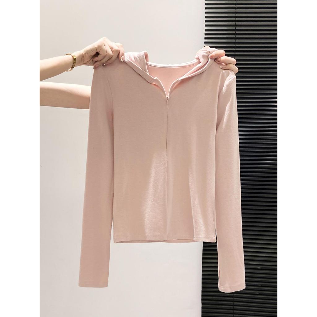 Women's Petite Slim Fit Hooded Half-Zip Long-Sleeve T-Shirt - Ideal Base Layer for Spring, Autumn, Winter