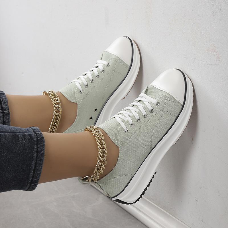 European and American large-size casual single shoes women's 2025 spring and autumn new round head lace-up thick-soled low-top canvas single shoes