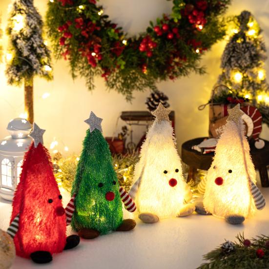 Light-up Plush Christmas Tree Doll Decoration Stuffed Fluffy Xmas Tree Shaped Gnome Elf Ornament with Glitter Star Topper for Hotel Mall Window Decor