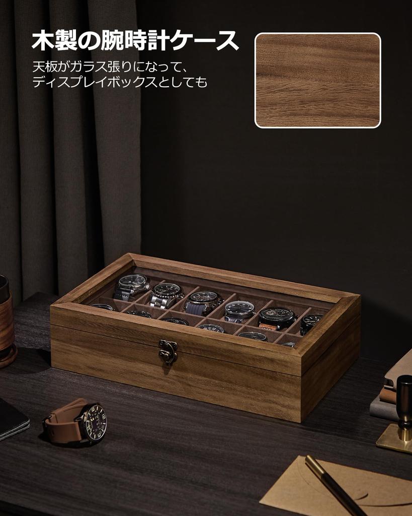 SONGMICS Watch 12 Kolekcja zegarków z drewna z przezroczystym akcesorium do zegarka Prezent na urodziny i dzień JOW120K01 Etui, części, przechowywanie, etui,