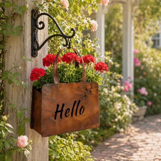 Rustic Metal Handbag Planter with Double-Sided Hello and Welcome Signs, Farmhouse Wall Mount Flower Pot, Vintage Hanging Purse Shaped Succulents