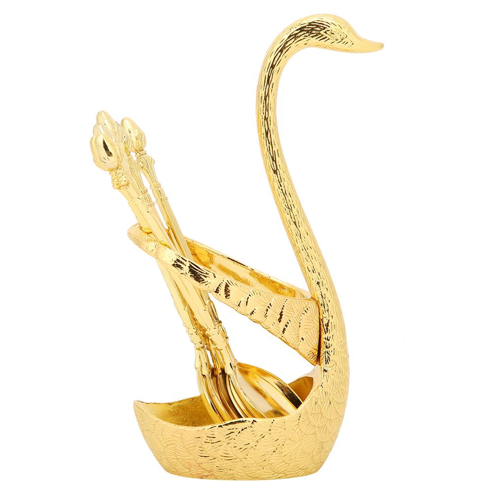 Zinc Alloy Swan‑Shaped Bracket Fruit Dessert Spoons Set Kitchen Tableware Wedding Supplies(Gold 6 Spoons )