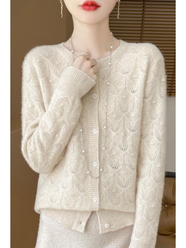 2024 Early Autumn Women's Merino Wool Round Neck Knit Cardigan with Hollow Details