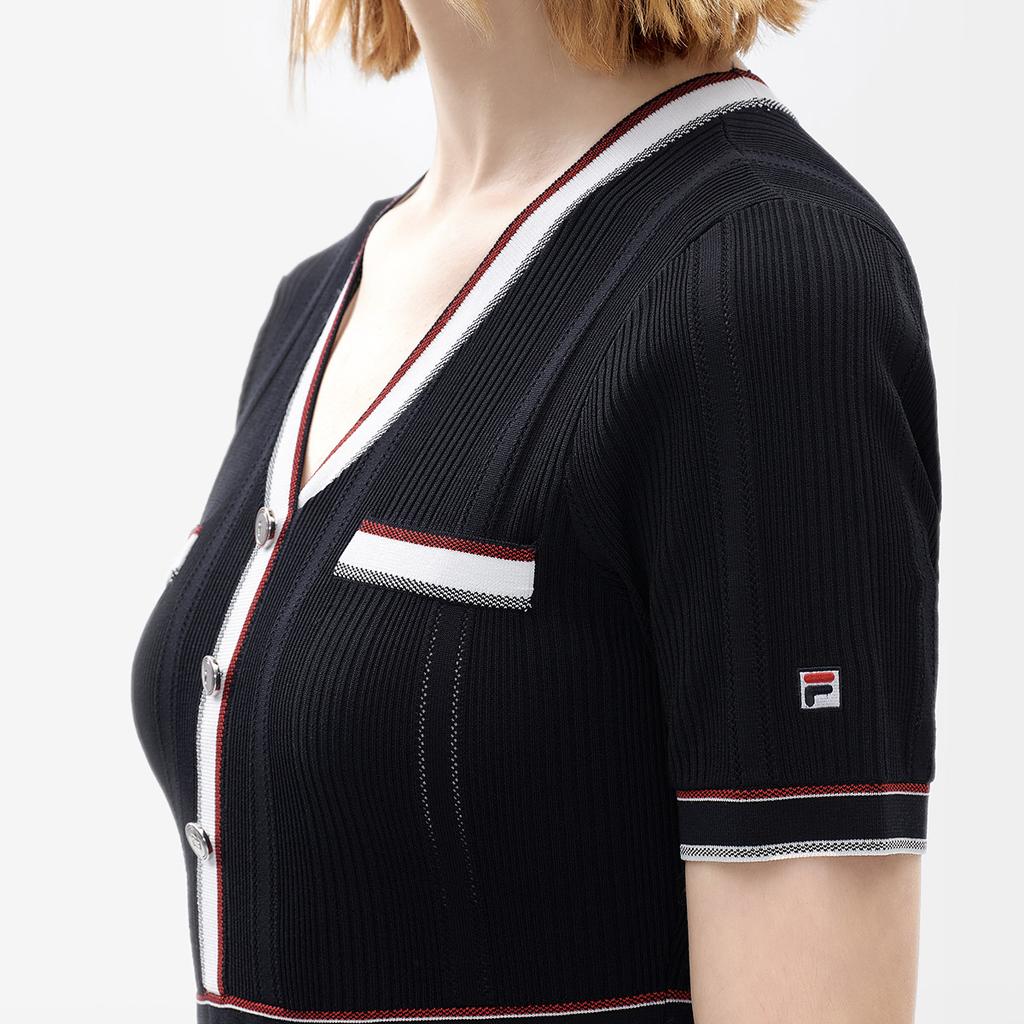 FILA Modern Heritage Series French Classic Solid Color Mid-Rise Striped V-Neck Pullover Short Sleeve Dress Women dresses Legendary-Blue F11W331399A-NV