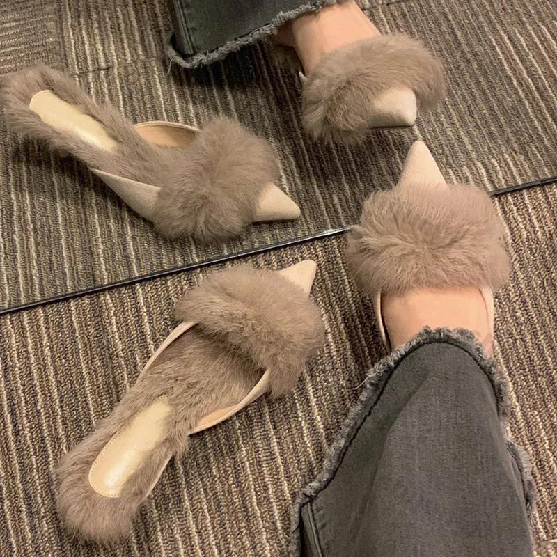 Fashion Women Pointy Heels Half Slippers Square Toe Casual Female Fashion 2025 Spring Trend New Luxury Plush Slides Dress Fur Flip Flops