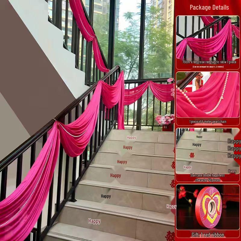 Elegant Stair Handrail Decorations: Gauze Curtains, Red Banners, Lanterns, and Flowers for Wedding Halls
