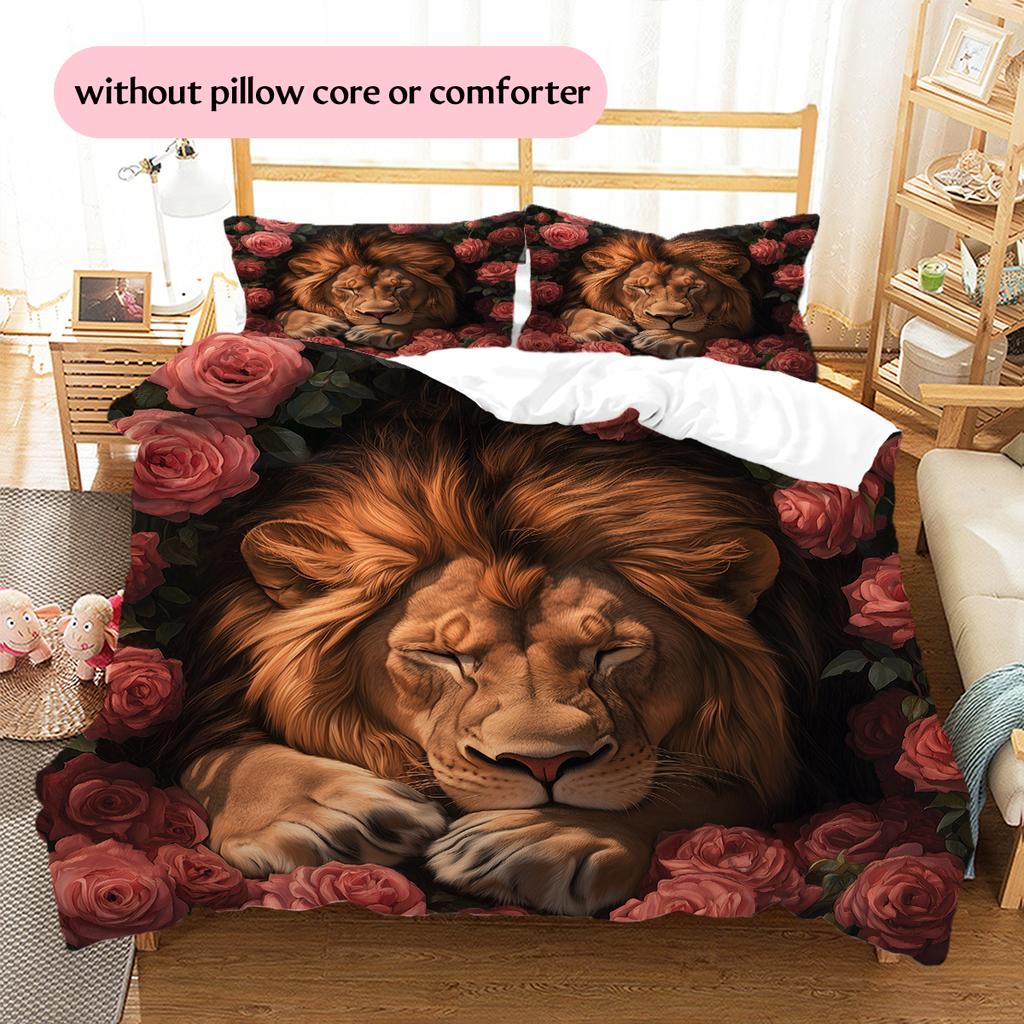 Lion and Rose Pattern Bedding Home Decoration Birthday Gift (1 * duvet cover + 2 * pillowcase, without core)