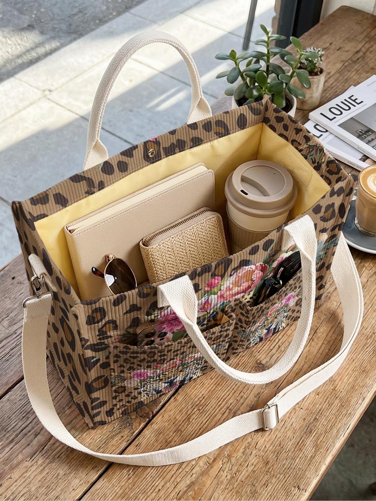 Leopard Print & Floral Leopard Head Corduroy Tote Bag Large Capacity Multi Pocket Animal Print Commuter Shoulder Bag