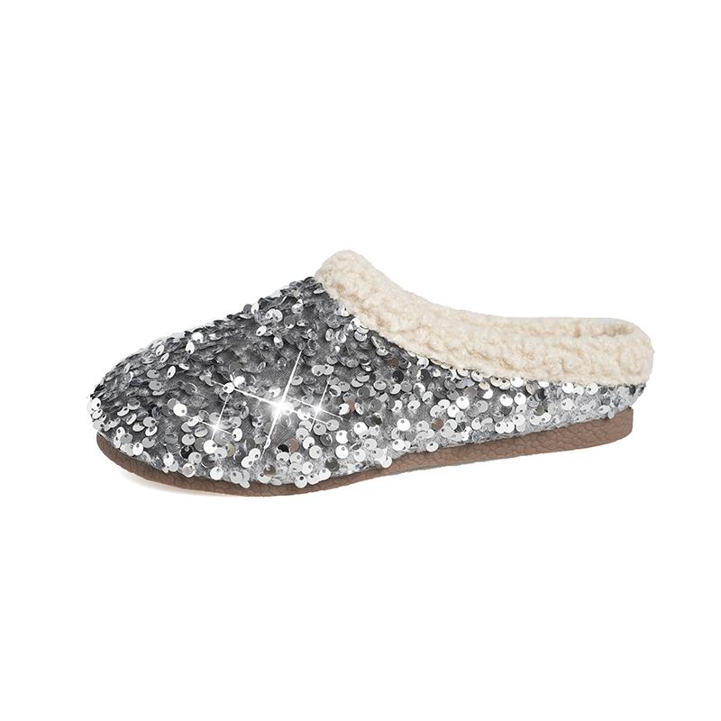 Sequin Baotou Slippers Autumn and Winter New Round Toe Deep Mouth Soft Sole Non-slip Wear-resistant Flat Shoes