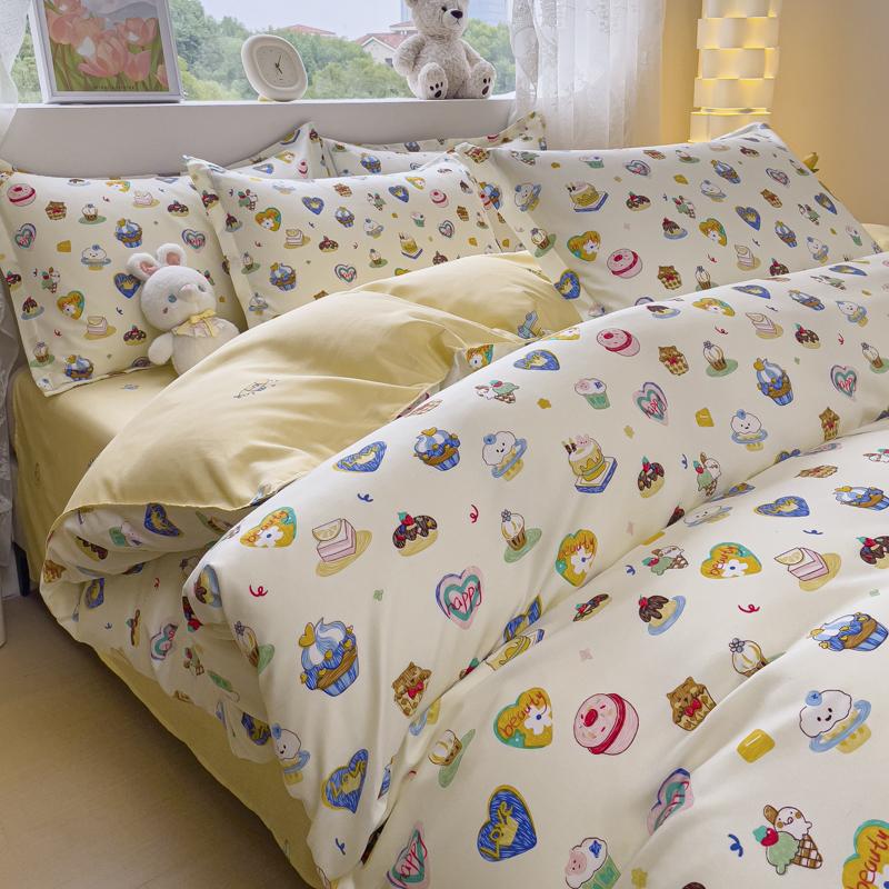 4pcs Cartoon Love Duvet Cover Set Simple Blue Plaid Bed Sheet Adults Kids Teenagers Bedding Comforter Cover with 2 Pillowcases
