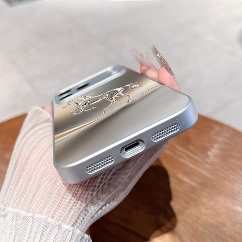Horse Pattern Silver Plated Glass Phone Case Suitable for iPhone 17 16 15 14 13 12 11 Pro/Max/Plus Anti Drop and Shockproof
