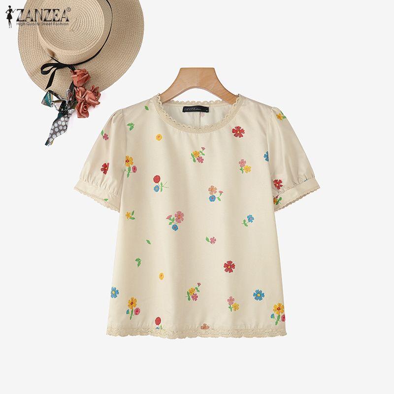 ZANZEA Women Floral Print Casual Round Neck Short Sleeve Blouse