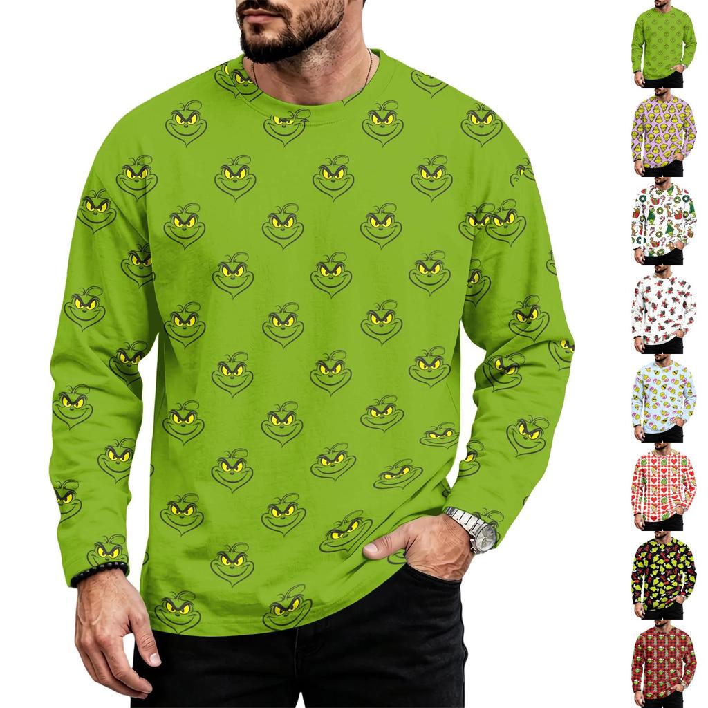 Men's Plus Size Loose Fit Casual Neck Long Sleeve T-Shirt with Christmas Print for Fall and Winter