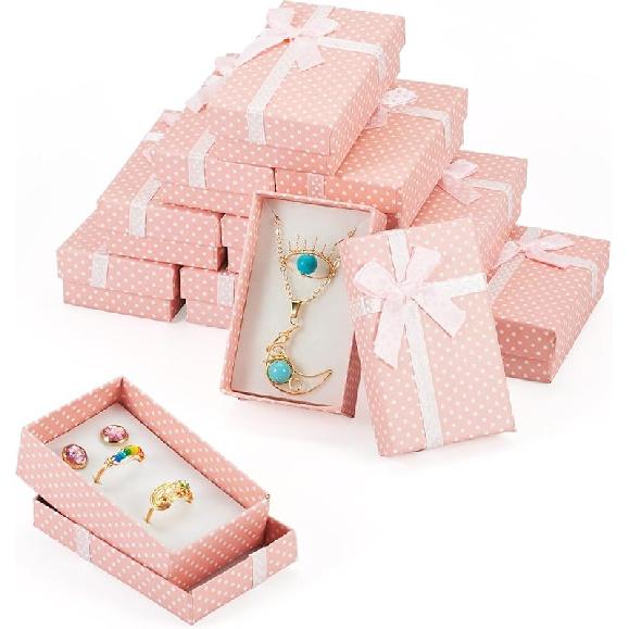 Craftdady 12 шт. Розовые картонные коробки для ювелирных изделий с принтом в горошек, прямоугольные коробки для хранения ювелирных изделий с бантиком, маленькая подарочная упаковка, бумажные коробки 8x5x2,5 см