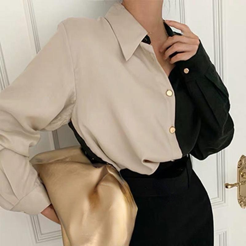 Vintage skjorte kvinner Elegant kontor damebluser Y2k Koreansk stil Langermet Oversize Patchwork Uformelle topper Dame