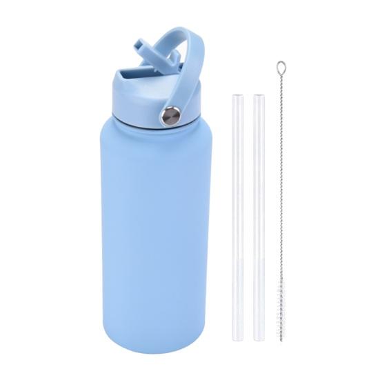 1000 ml Edelstahl-Wasserflasche mit Strohhalm, BPA-frei, auslaufsicher, isoliert, 24 Stunden kalt, 12 Stunden heiß, Sportflasche