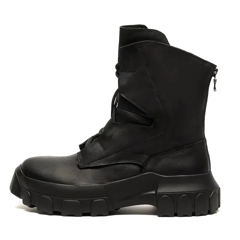 

2025 Мужские высокие кроссовки на платформе с массивной подошвой, кожаные на шнуровке, готические каблуки, роскошные, модные, дизайнерские, черные ботинки 39