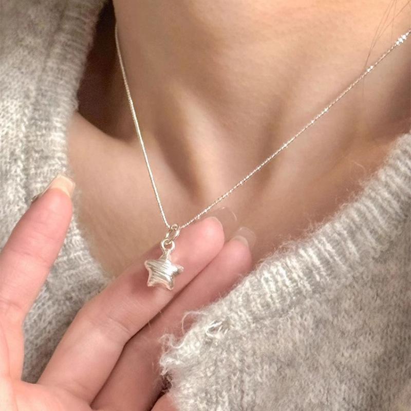 

PANJBJ 925 Sterling Silver Stars Necklace for Women Texture Frosting Round Bead Chain Versatile Jewelry Party Gift Dropshipping