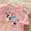 Large Size Summer Pure Cotton Shoulder Short-sleeved T-shirt Women's Loose Casual Sleepy Cat Print Design Couple Top