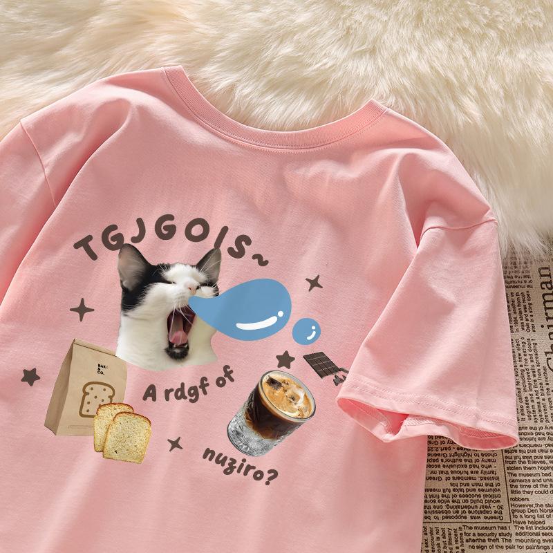 Large Size Summer Pure Cotton Shoulder Short-sleeved T-shirt Women's Loose Casual Sleepy Cat Print Design Couple Top
