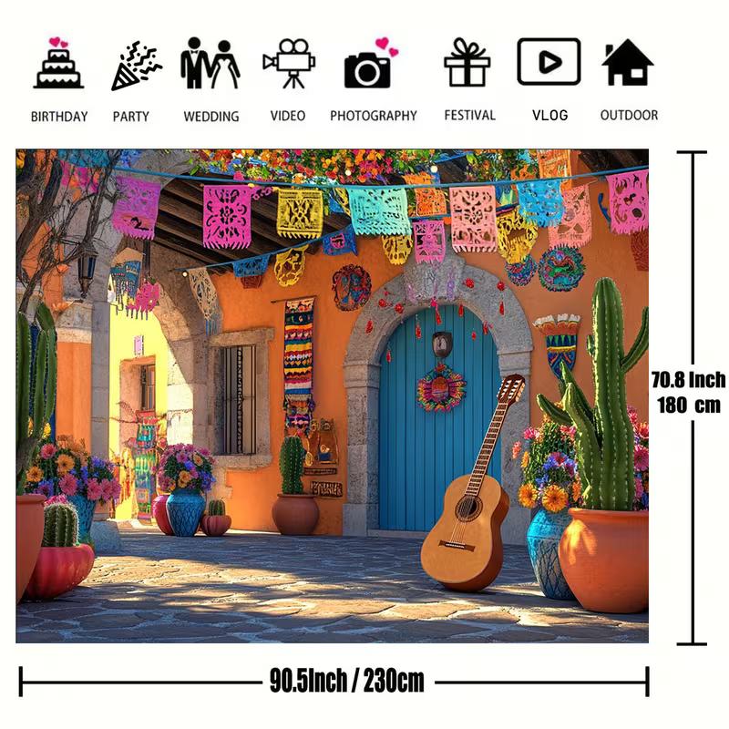 2D Colorful Mexican Patio Backdrop Guitar and Papel Picado Decor