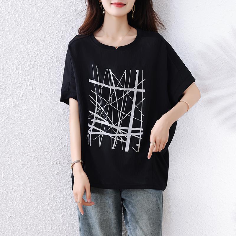 

DIMANAF 2025 Летняя Футболка Большого Размера Оверсайз Женская Свободные Топы Футболки Повседневная Мода Принт Новая Футболка 5XL чёрный