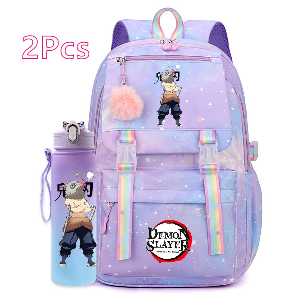 2Pcs/set Cartoon Demon Slayer Printed Backpack with 750Ml Water Bottler for Teenager Girl Boy Large Capacity Waterproof Bookbag Travel Bag Gift