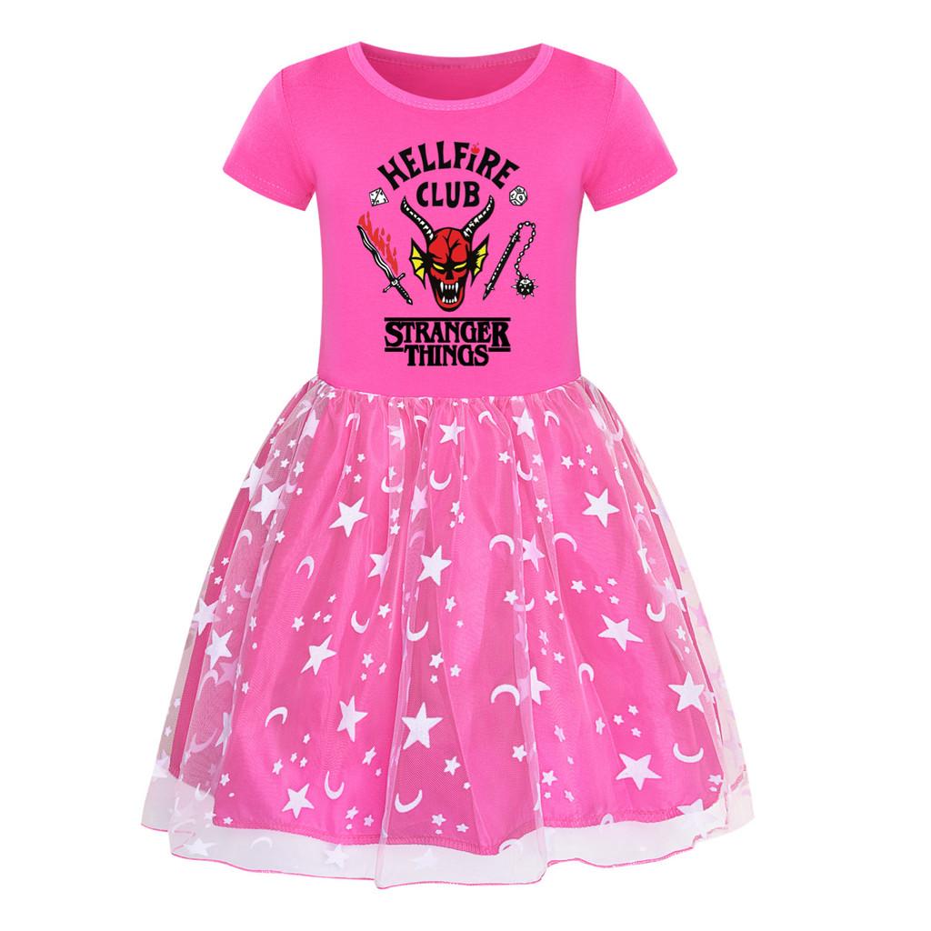 5253 Kids Girls Stranger Print Mesh Rainbow Round Neck Casual Casual Cotton Dress