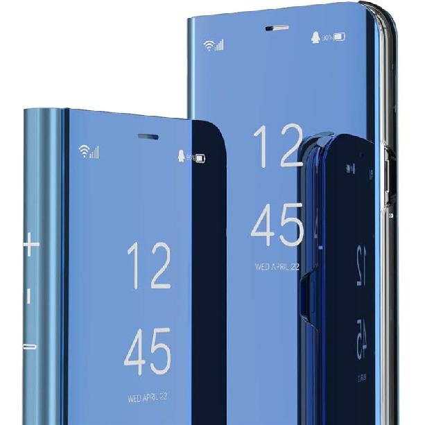 Чехол для Samsung Galaxy S25 Ultra, Чехол, Зеркало для макияжа, ПУ кожа, Прозрачный флип с подставкой, Прозрачный вид для женщин, Тонкий противоударный защитный чехол для синий