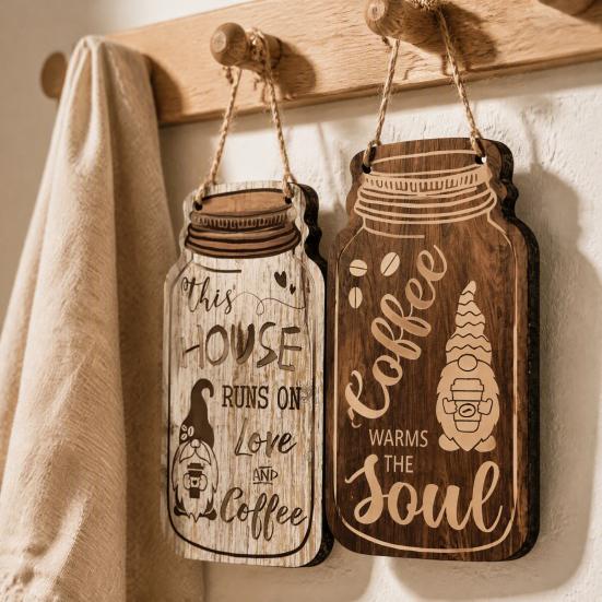 Coffee Bar Accessories 4Pcs Wooden Wall Sign, Farmhouse Rustic Mason Jar Hanging Restaurant Decorative Wood Plaque Decoration, Art for Cafe
