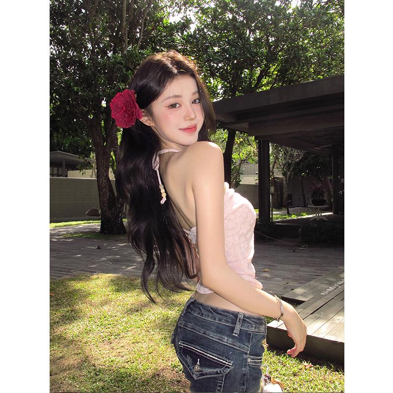 Růžový květinový šněrovací bandeau top - Dámský jarní/letní zeštíhlující top bez rukávů