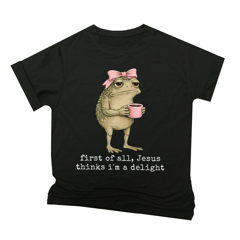 Fun Frog Holding Coffee Print T Shirts Unisex Unisex Jesus Thinks Im A Delight Crew Neck Tshirt Religious Humor Present Tshirt