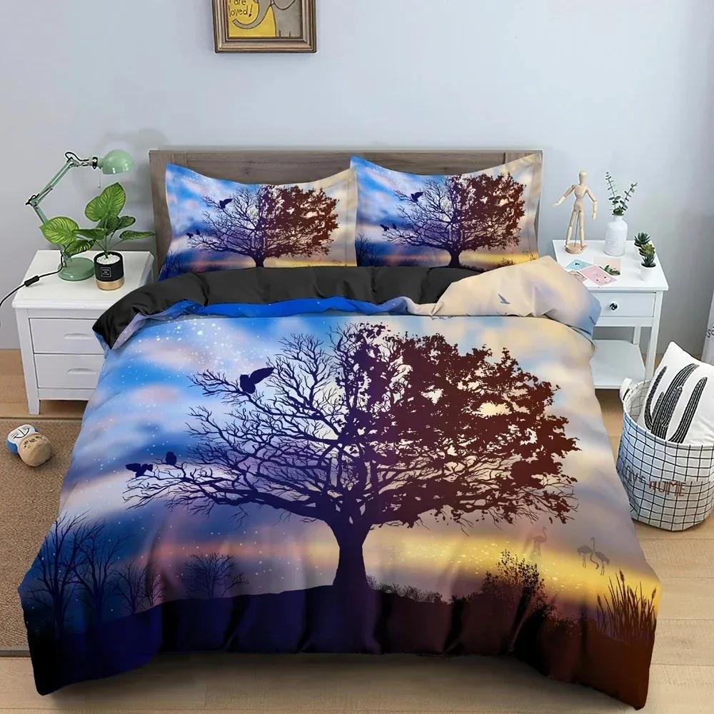 Top 3D Landscape Duvet Cover Bedroom Decor Luxury Bedding Set Tree Silhouette Against Sunset Sky Quilt Cover King Twin Single