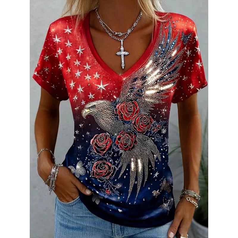 V-Neck Short Sleeve T-Shirt With Blue White Striped Print Loose Fit Casual Top Women 2025